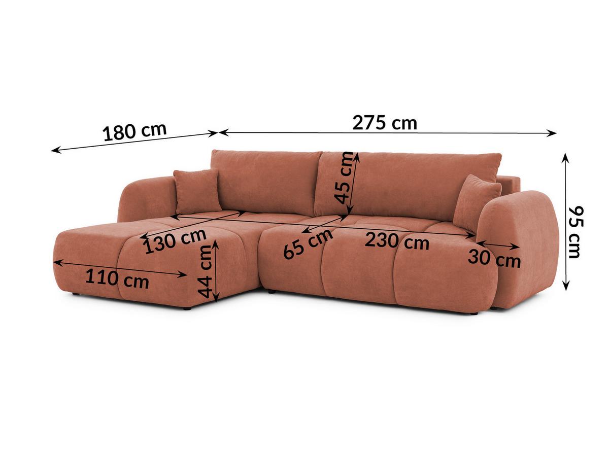 ECKSOFA Loretto aus natürlichem Terrakotta Webstoff mit Schlaffunktion, Bettkasten und tiefen Steppungen in Bubble-Optik - Terracotta/Schwarz, Holz/Kunststoff (180/275cm) - S-Style