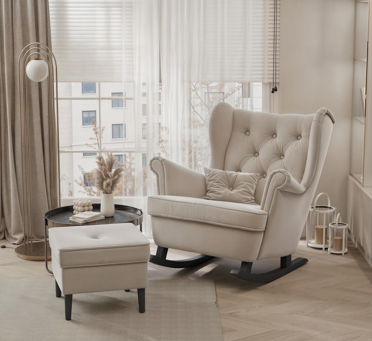 SCHAUKELSESSEL SCANDI mit hocker, Samt Beige - Beige, Holz/Textil (75/97/60cm) - Idohome