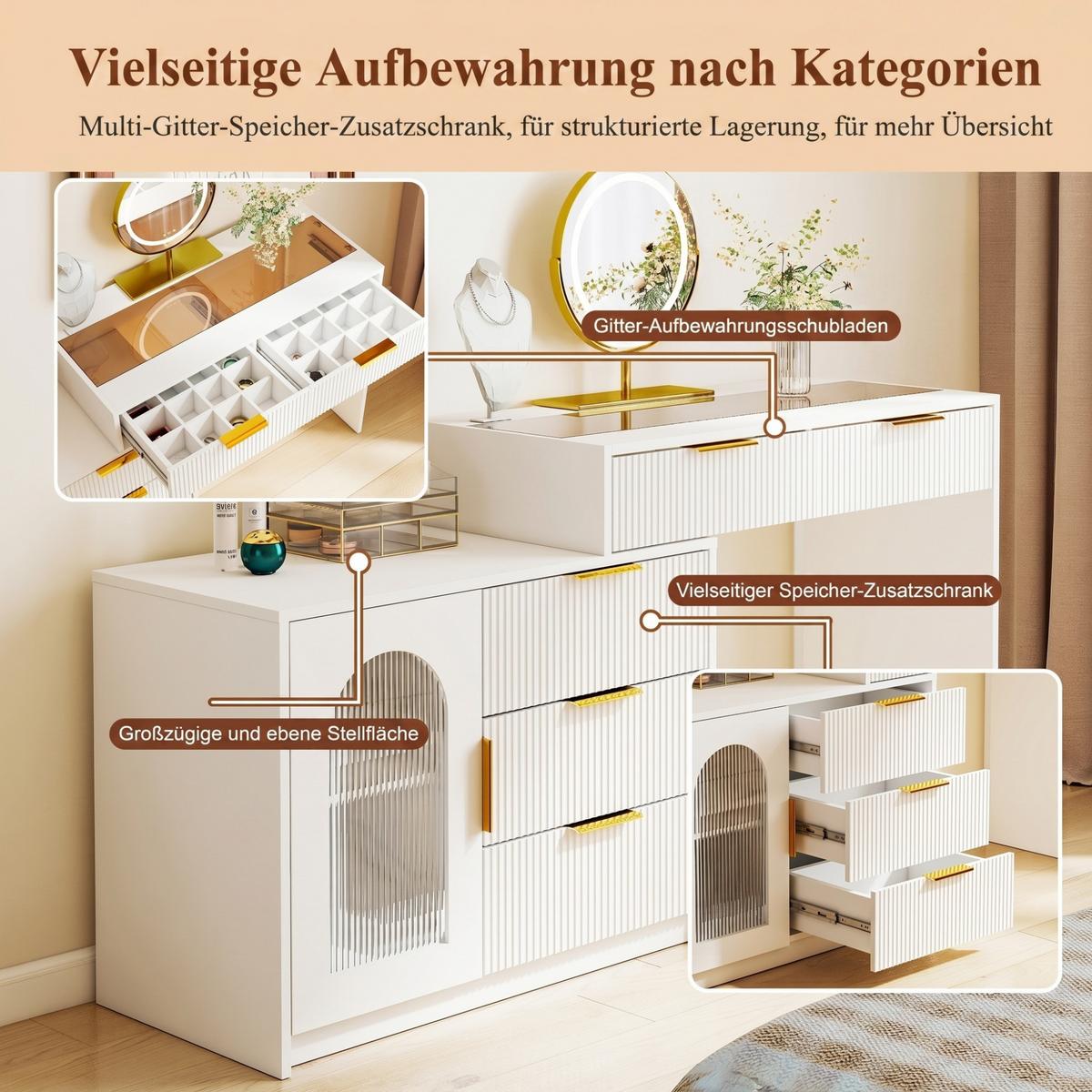 SCHMINKTISCH in Weiß mit Glasplatte, ausziehbar und mit LED-Spiegel - Weiß, Holzwerkstoff (160/75/40cm) - Urban Meuble