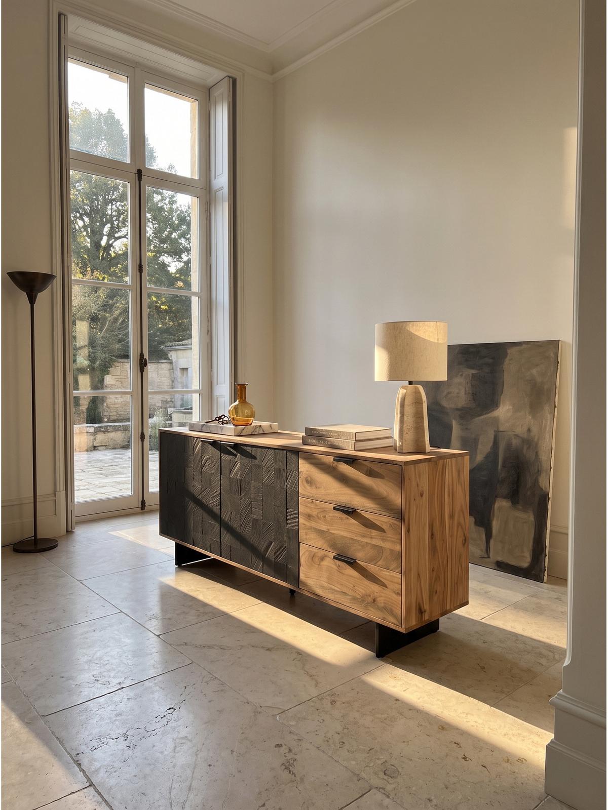 KOMMODE MONTEFALCO, Akazie Massivholz, Akazie-Schwarz, 175 x 40 x 76 cm - Schwarz/Akaziefarben, Holz/Metall (175/76/40cm) - KADIMA DESIGN