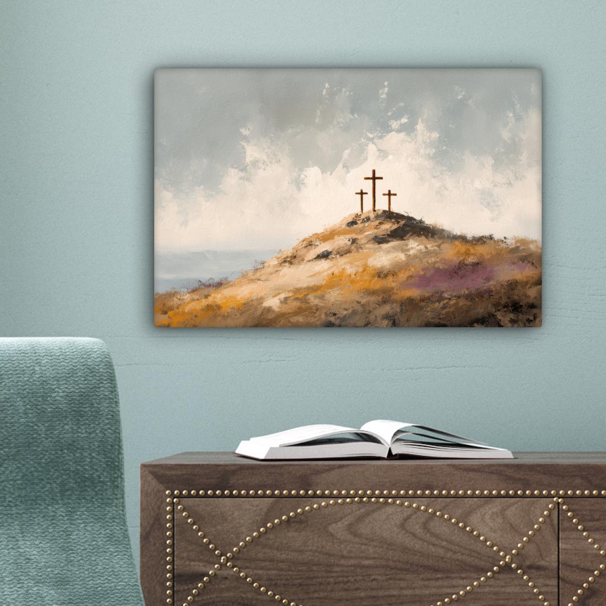 LEINWANDBILD Hügel - Abstrakt - Christentum - Kreuz Deko Schlafzimmer 30x20 cm - Hellgrau, Textil (30/20cm) - MuchoWow