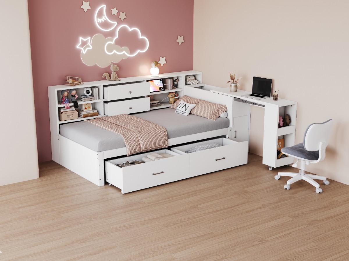 SCHLAFSOFA Multifunktionsbett 90x200 mit ausziehbarem Schreibtisch - Weiß, Holzwerkstoff (90/200cm) - Urban Meuble