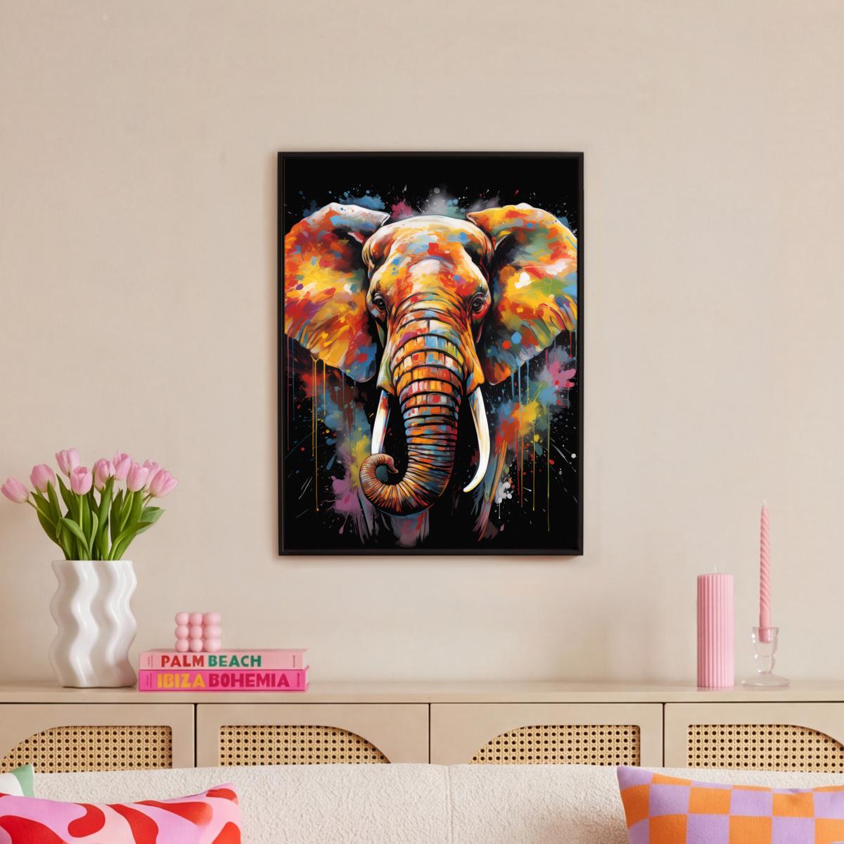 LEINWAND Bilder mit Rahmen - Elefant - Graffiti - Schwarz - Tiere - Farben - 60x80 - Schwarz, Textil (60/80cm) - MuchoWow