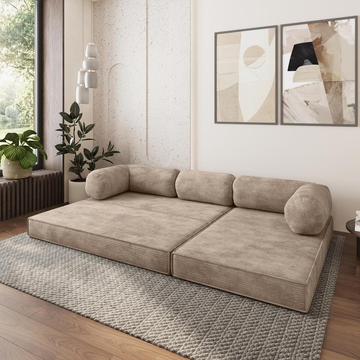 ECKSOFA ETERA modulares Boneless Sofa mit Schlaffunktion Beige Kordstoff - Beige, Textil (270/160cm) - MASSENO