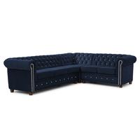 ECKSOFA Chesterfield Cleo Blink Marineblau Samt mit Kristallsteppung und braunen Massivholzfüßen - Ottomane Rechts - Blau/Braun, Holz/Textil (264/210cm) - S-Style Möbel