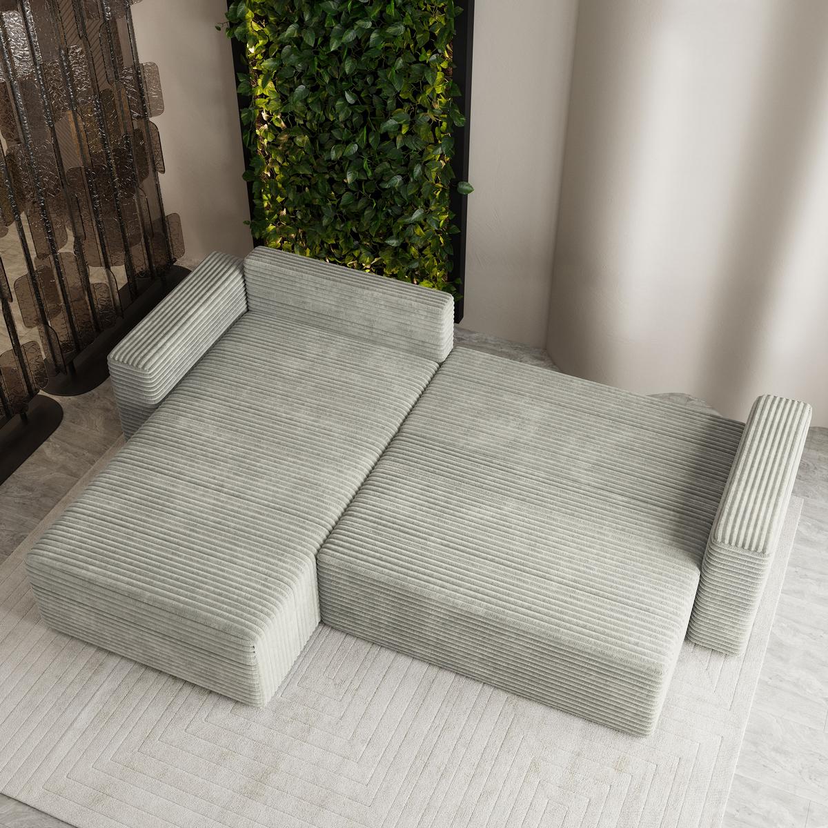 ECKSOFA CALTI T Hellgrau Kordstoff mit Schlaffunktion - Hellgrau, Holzwerkstoff/Textil (283/183cm) - MASSENO