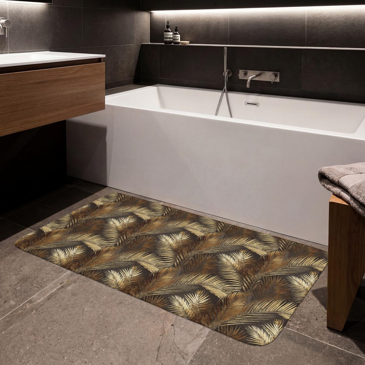 BADEMATTE Tropisch - Blätter - Gold 120x60 cm - Dunkelbraun/Goldfarben, Textil (120/60cm) - OnlyWow
