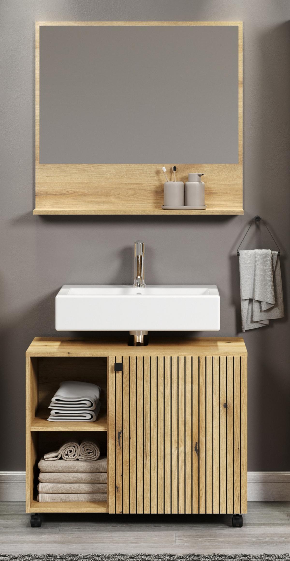BADSPIEGEL Evoke Eiche 80 cm, Badezimmer Spiegel mit Ablage - Eichefarben, Glas/Holzwerkstoff (14/74/80cm) - Top.Furn