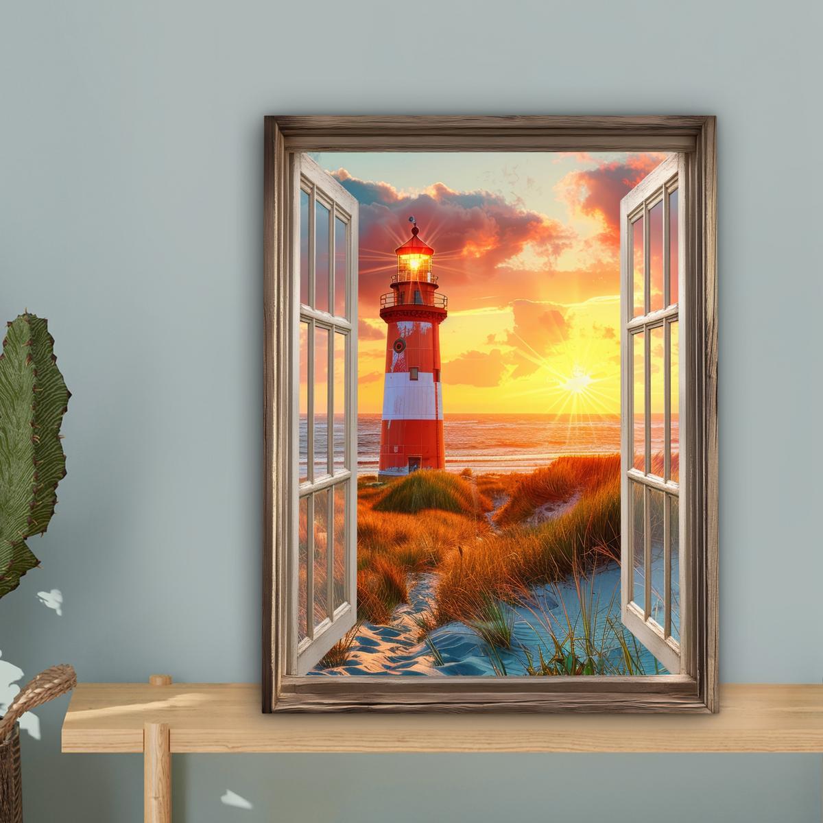 LEINWANDBILD Aussicht - Fenster - Leuchtturm - Sonnenuntergang - Strand Room Decor 30x40 cm - Dunkelorange, Textil (30/40cm) - MuchoWow