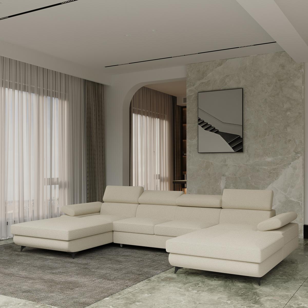 WOHNLANDSCHAFT DETTI Creme Boucle-Stoff mit Schlaffunktion - Creme, Holz (339/89/190cm) - MASSENO