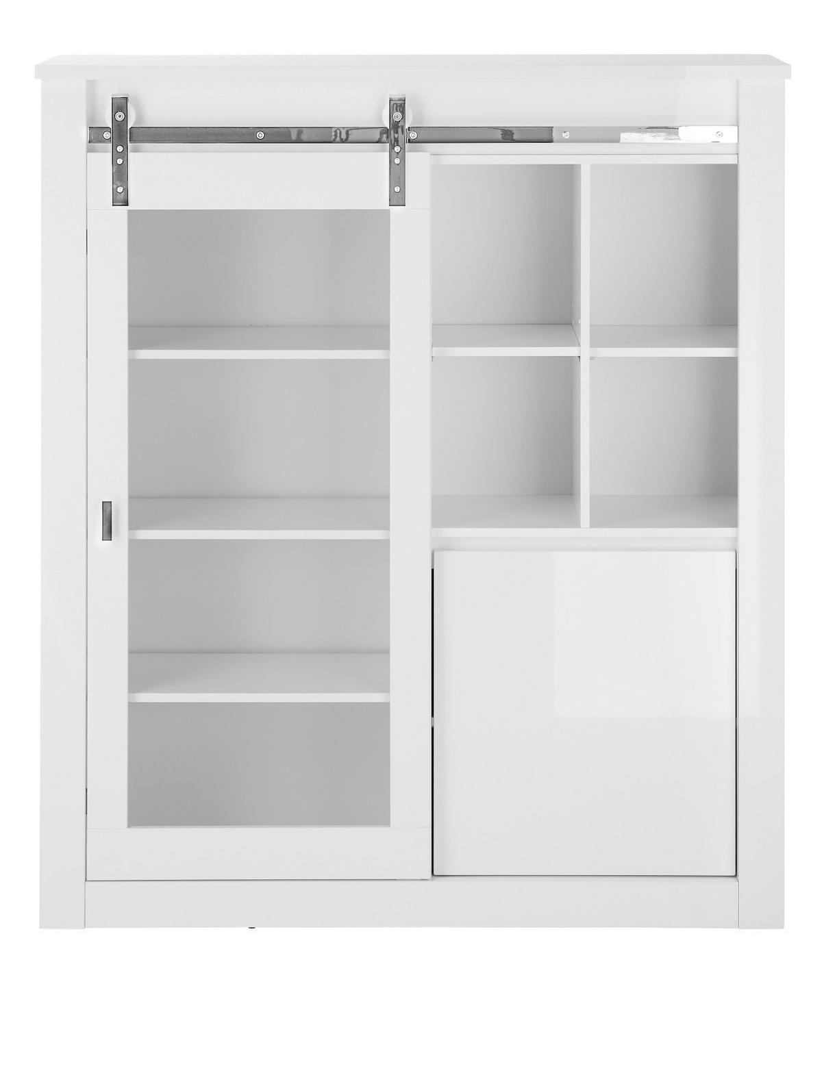 VITRINE weiß Hochglanz 133 x 153 cm, Vitrinenschrank inklusive LED-Beleuchtung, Soft-Close - Chromfarben/Weiß Hochglanz, Glas/Holzwerkstoff (133/153/38cm) - Furn.Design