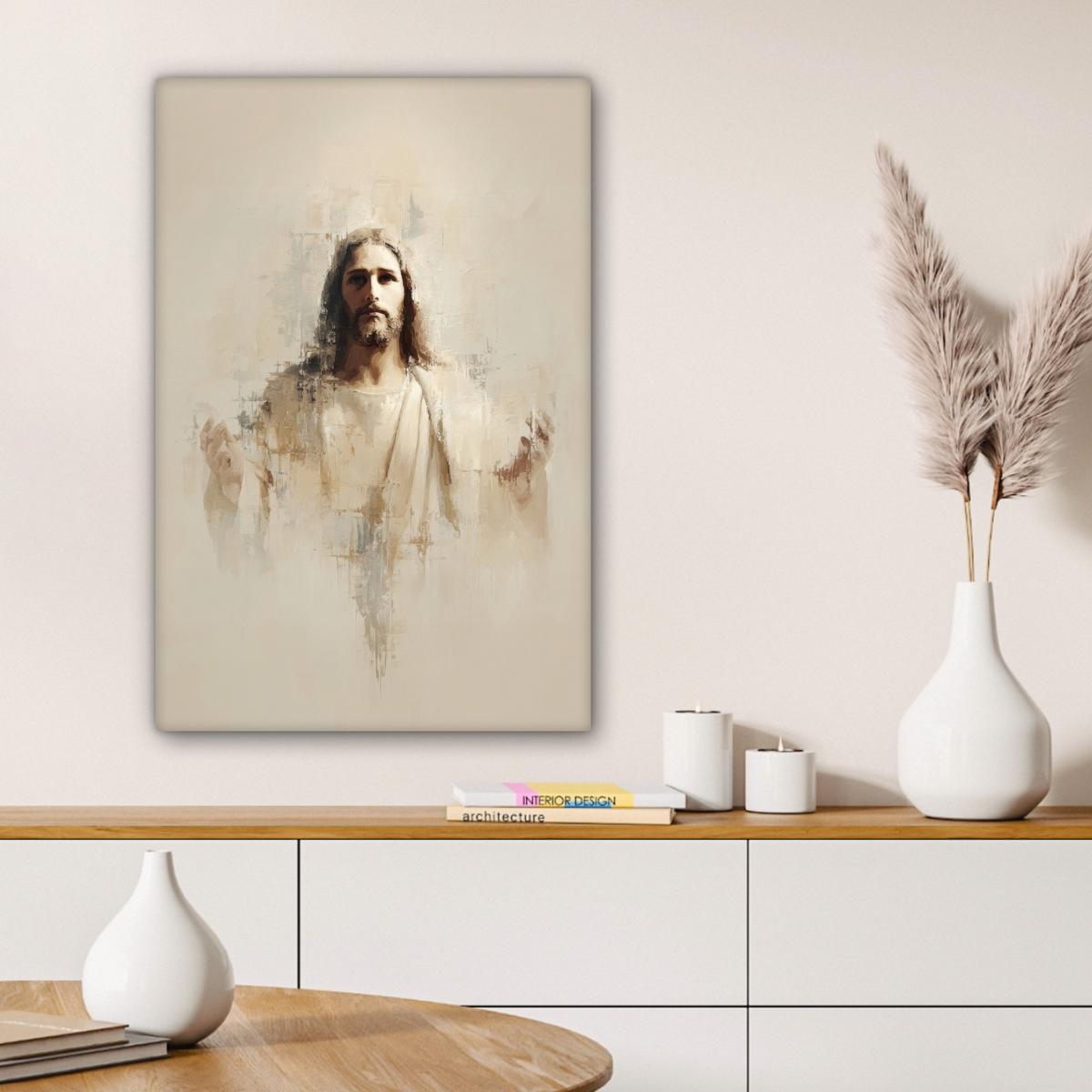 LEINWANDBILD Porträt - Abstrakt - Jesus - Beige Wanddeko Schlafzimmer 60x90 cm - Beige, Textil (60/90cm) - MuchoWow