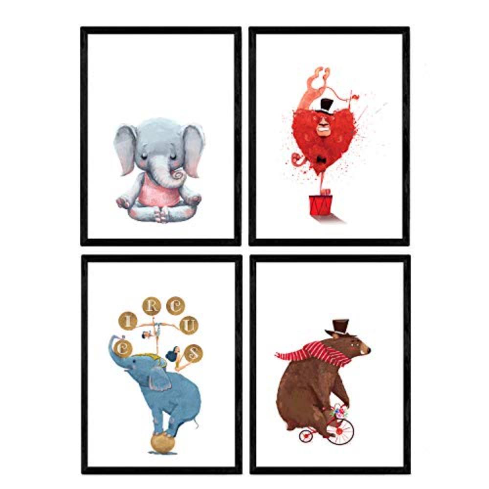POSTER Set mit 4 Leon Acobata meditierend Bär Elefant Fahrrad und Zauberer A4 Rahmenlos - Klar, Papier (29.7/3cm) - Nacnic