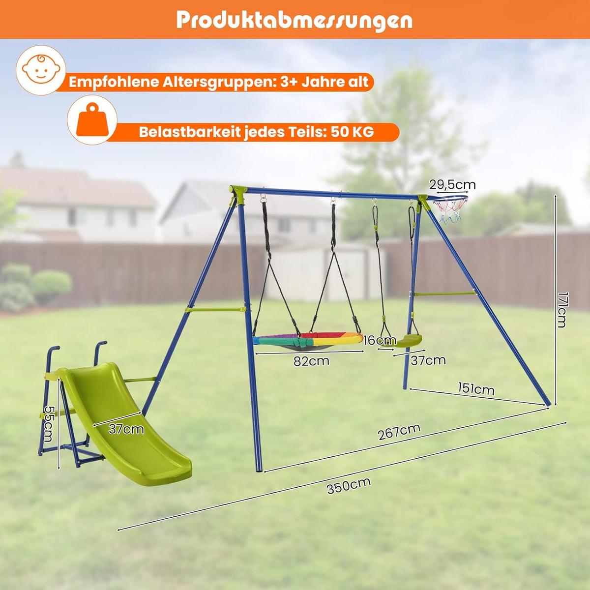 SCHAUKELSET 4-in-1 Blau - Blau, Metall (350/171/151cm) - COSTWAY