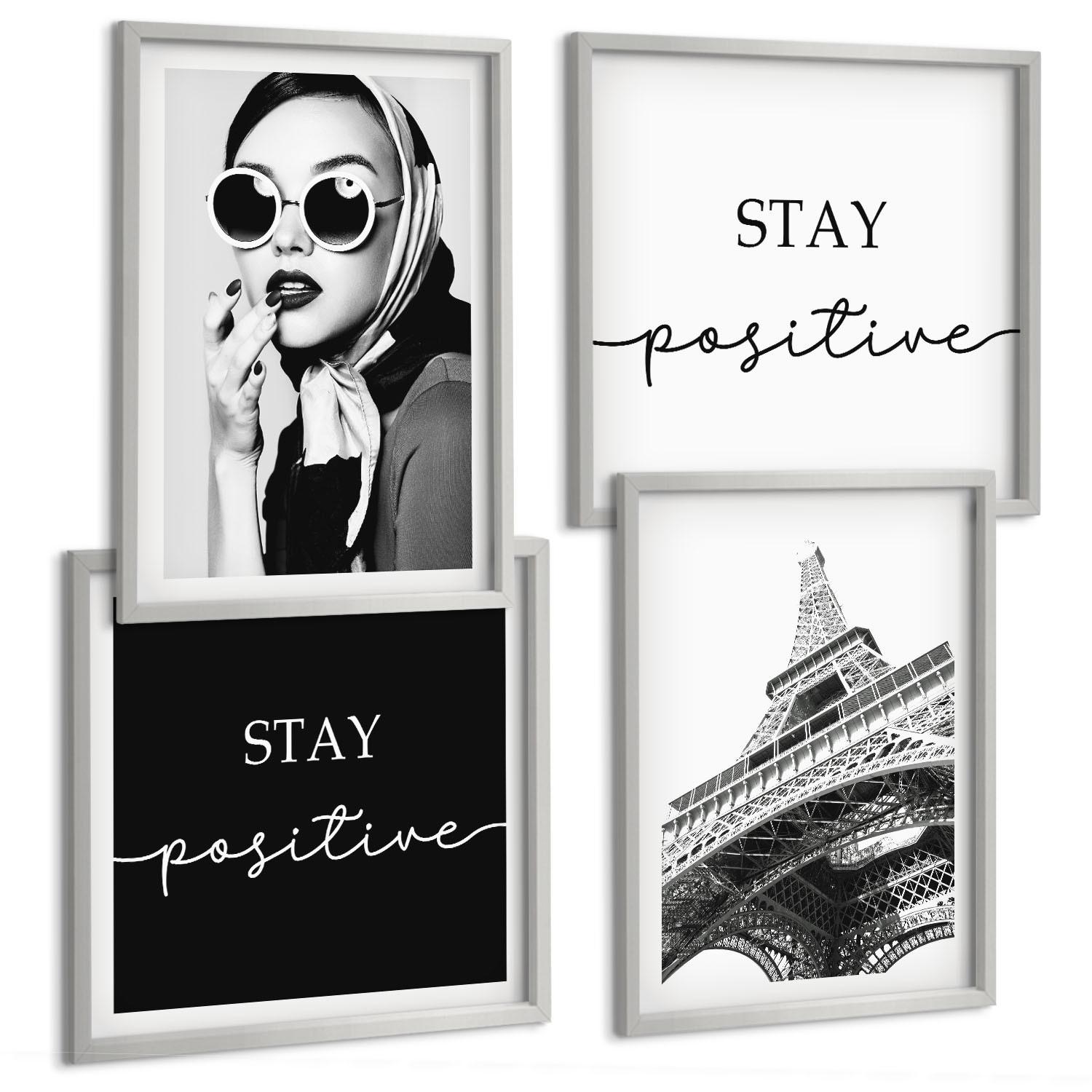 BILDER SET 4er Set - 50x50 cm & 40x60 cm Silberner Rahmen - Porträts, Eiffelturm-Slogans - Silberfarben, Kunststoff (50/50cm) - TULUP