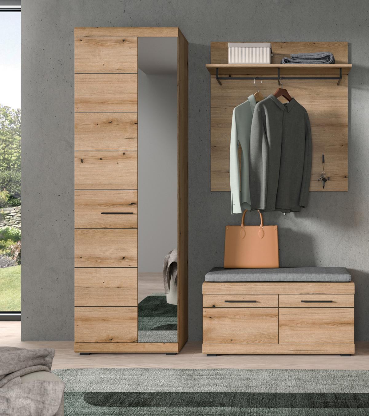 GARDEROBE Set 3-teilig Evoke Eiche 167 cm, Flurmöbel mit viel Stauraum - Eichefarben/Schwarz, Glas/Holzwerkstoff (167/197/40cm) - Inn.Furn
