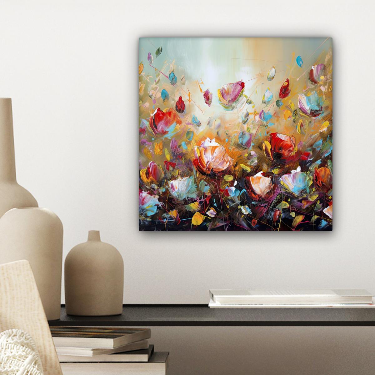 LEINWANDBILD Blumen - Kunst - Natur - Ölgemälde Deko Wohnzimmer 20x20 cm - Multicolor, Textil (20/20cm) - MuchoWow