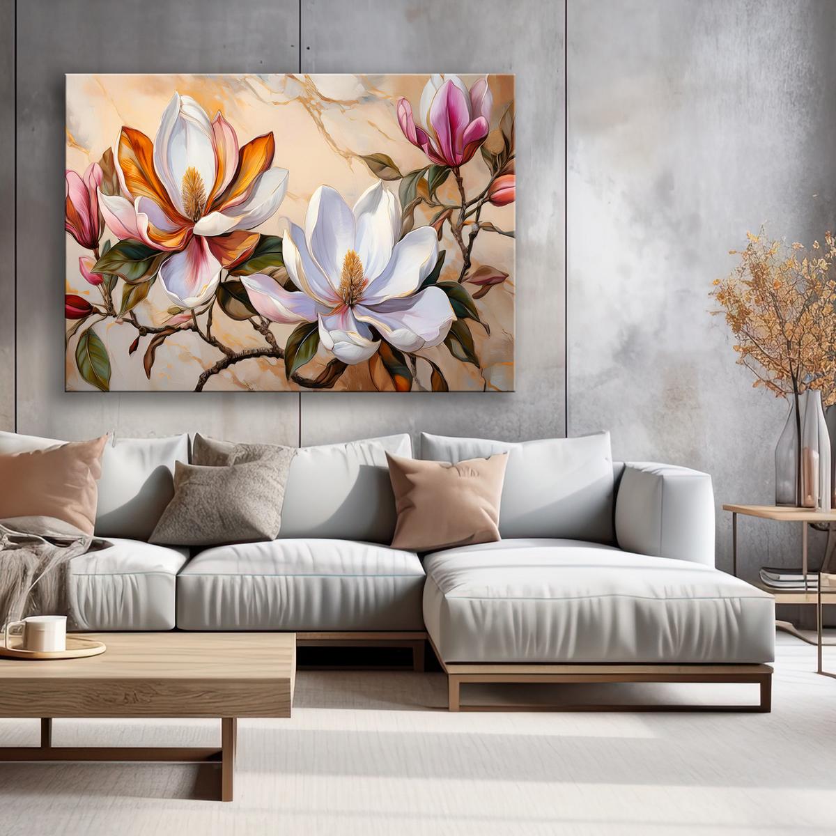 WANDBILD magnolien zweig blumen pflanzen marmor - Multicolor, Textil (60/40cm) - Feeby