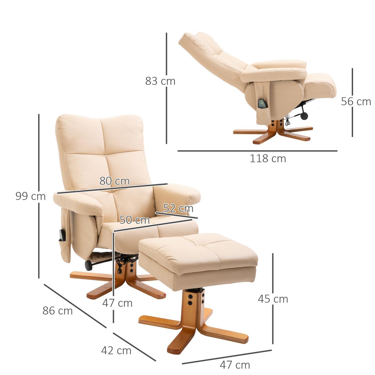 RELAXSESSEL mit Liegefunktion Massagesessel mit Fußhocker Polyester Cremeweiß - Champagner/Creme, Leder/Holz (86/99/80cm) - HOMCOM