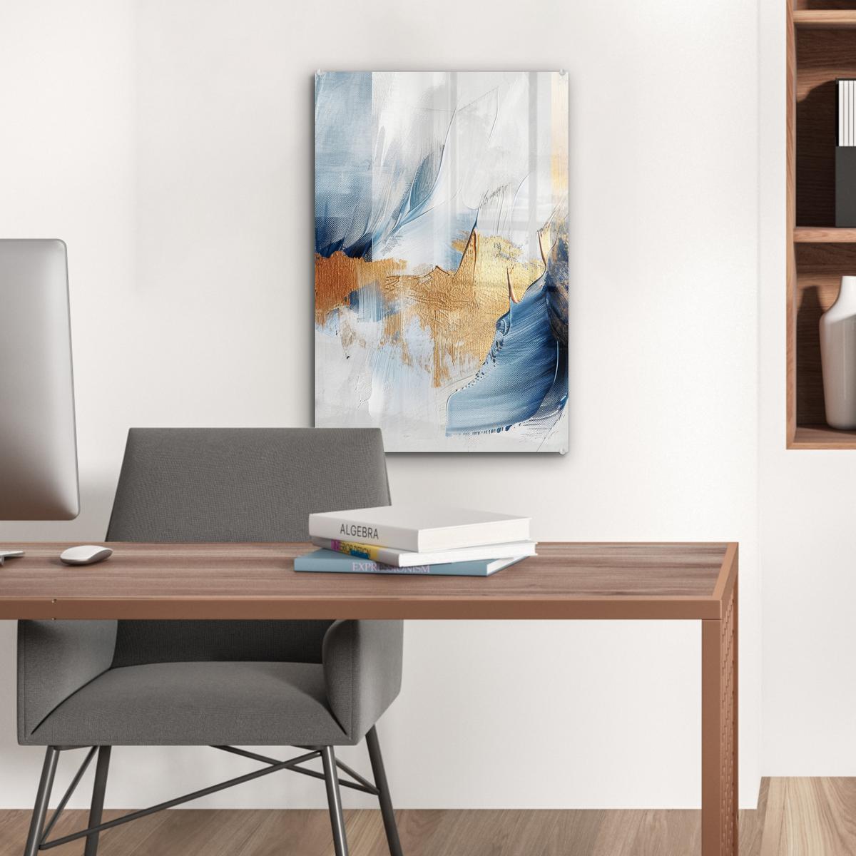 ACRYLGLASBILD Gold - Blau - Aquarell - Kunst - Modern Wanddeko Wohnzimmer 40x60 cm - Hellblau, Glas (40/60cm) - MuchoWow