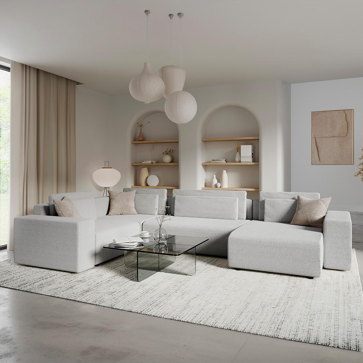 PANORAMASOFA Lorenzo 5 Sitzplätze Hellgrau - Grau, Holz (378/85/236cm) - Petits-meubles