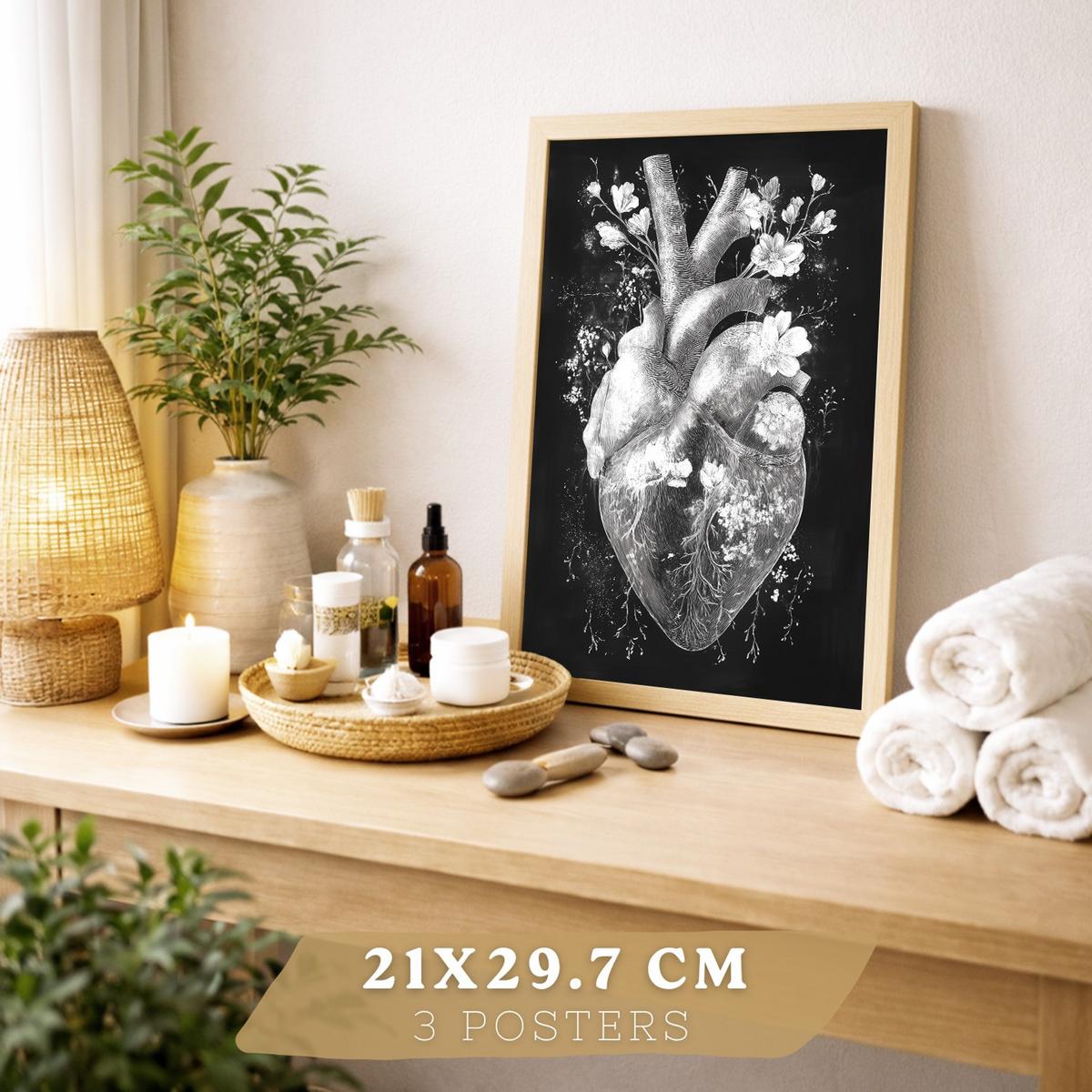 POSTER Set aus 3 Anatomie Drucke und mit Inneren Organen Gehirn Herz Nieren Minimalistisches Schwarz Weiß Design Größe Leichter Holzrahmen A4 - Beige, Papier (21/29.7/3cm) - Nacnic