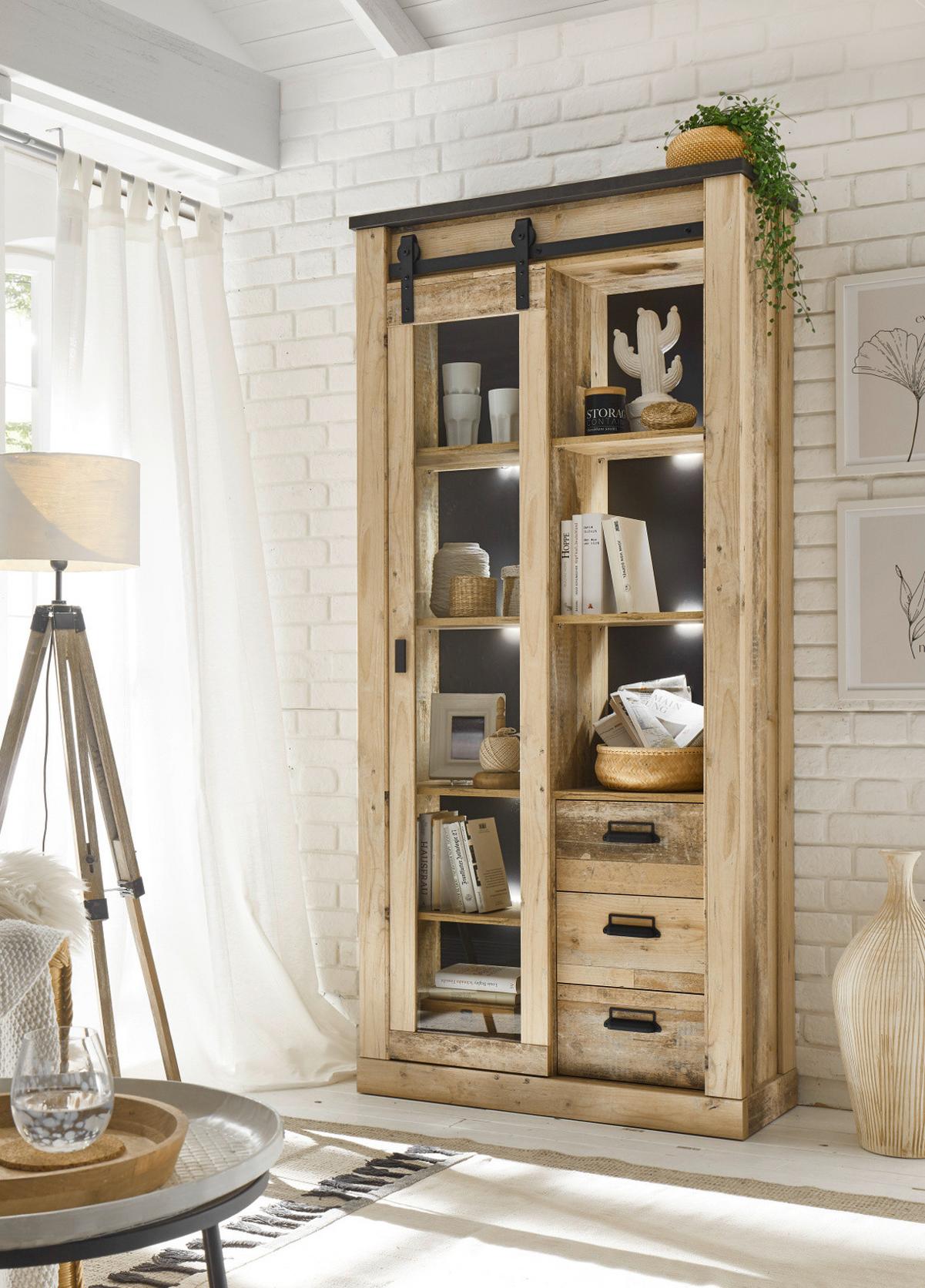 WOHNWAND Used Wood hell, anthrazit, Wohnkombination 3-teilig 314 x 201 cm - Eichefarben/Anthrazit, Holzwerkstoff/Metall (314/201/43cm) - Furn.Design