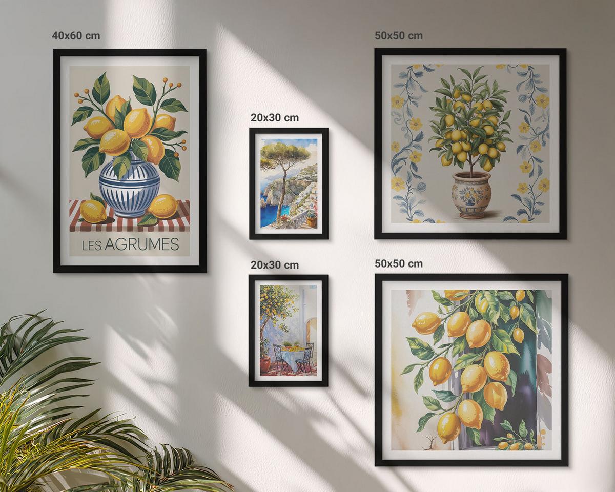 BILDER SET 5er Set - 50x50 cm & 20x30 cm & 40x60 cm Schwarzer Rahmen - Zitronenbäume am Meer - Schwarz, Kunststoff (40/60cm) - TULUP