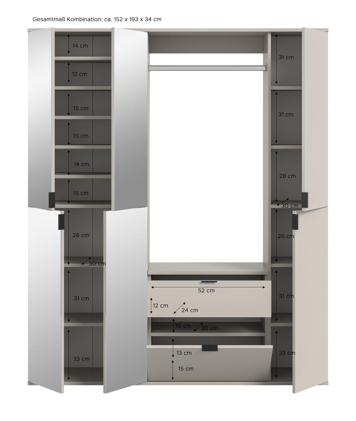GARDEROBEN-SET Kaschmir 152 x 193 cm, Garderobenschrank mit Spiegel - Kaschmir/Schwarz, Glas/Holzwerkstoff (152/193/34cm) - Inn.Furn