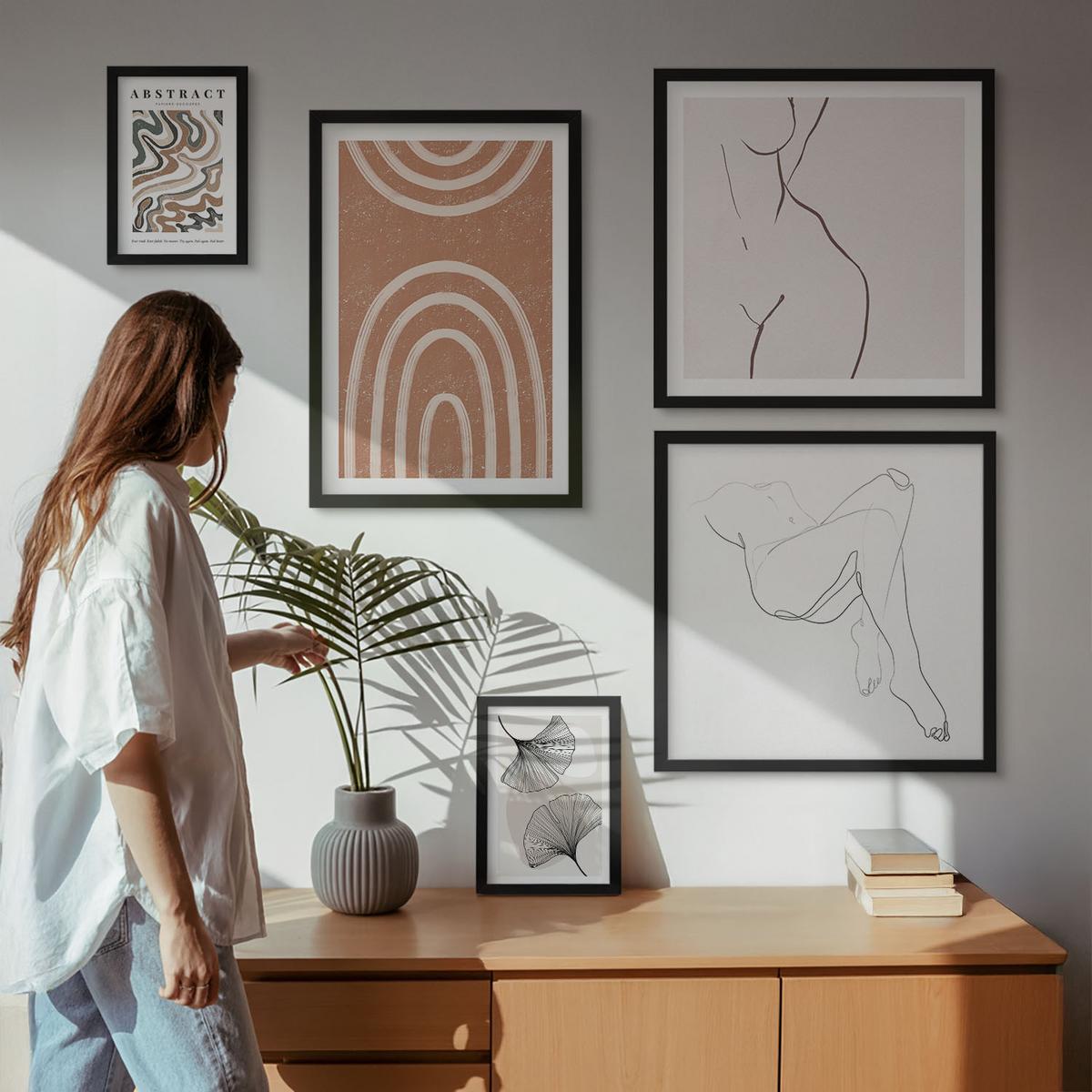 BILDER SET 5er Set - 50x50 cm & 20x30 cm & 40x60 cm Schwarzer Rahmen - Abstrakte Boho-Blattformen - Schwarz, Kunststoff (40/60cm) - TULUP