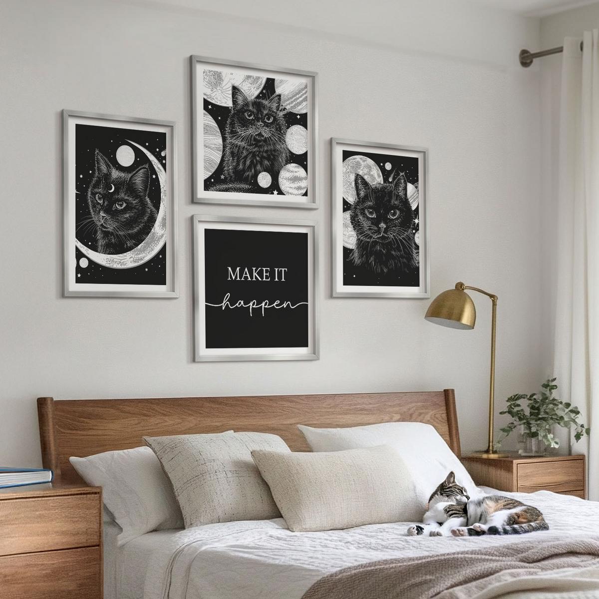 BILDER SET 4er Set - 50x50 cm & 40x60 cm Silberner Rahmen - Schwarze Katzen, Mond, Planet - Silberfarben, Kunststoff (50/50cm) - TULUP