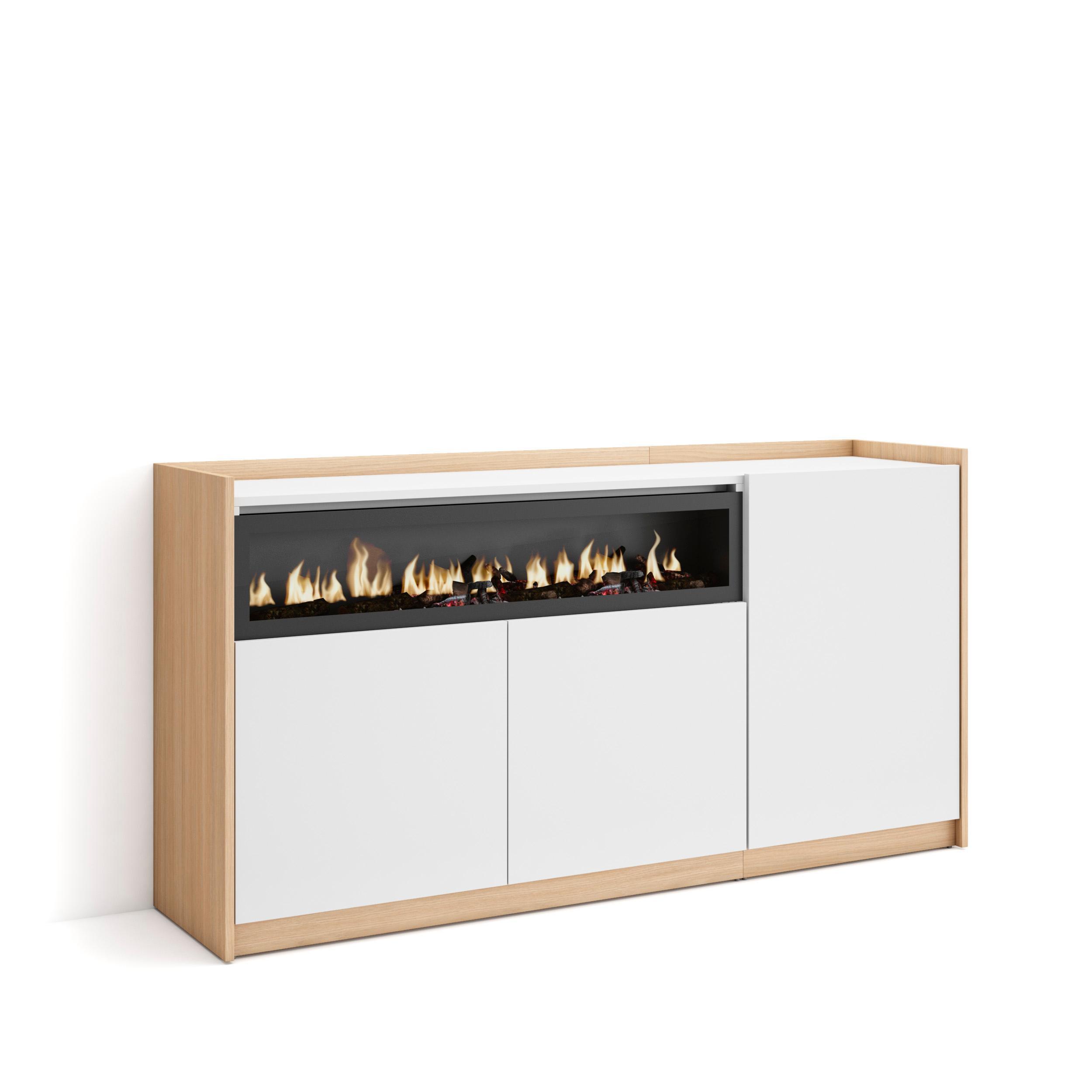 SIDEBOARD, Highboard, Weiß und Eiche Soft, Elektrokamin, 156/37/80cm - Weiß, Holzwerkstoff (156/80/37cm) - Skraut Home
