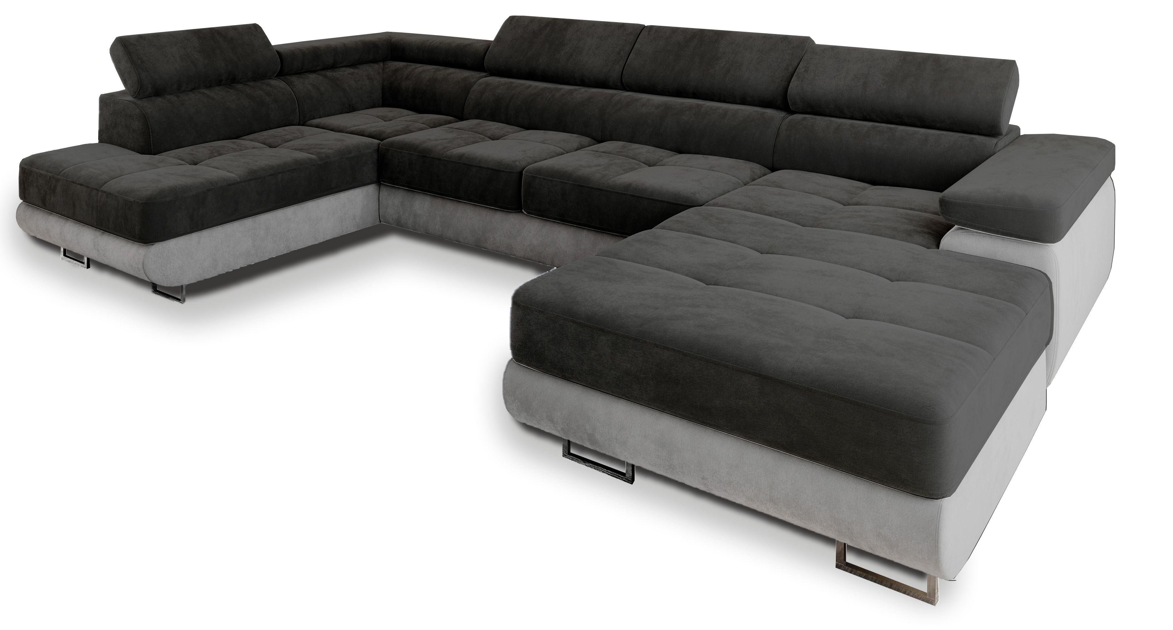 WOHNLANDSCHAFT CASONE L-S Schwarz Velours-Stoff mit Schlaffunktion - Silberfarben/Schwarz, Holz/Textil (345/90/202cm) - MASSENO