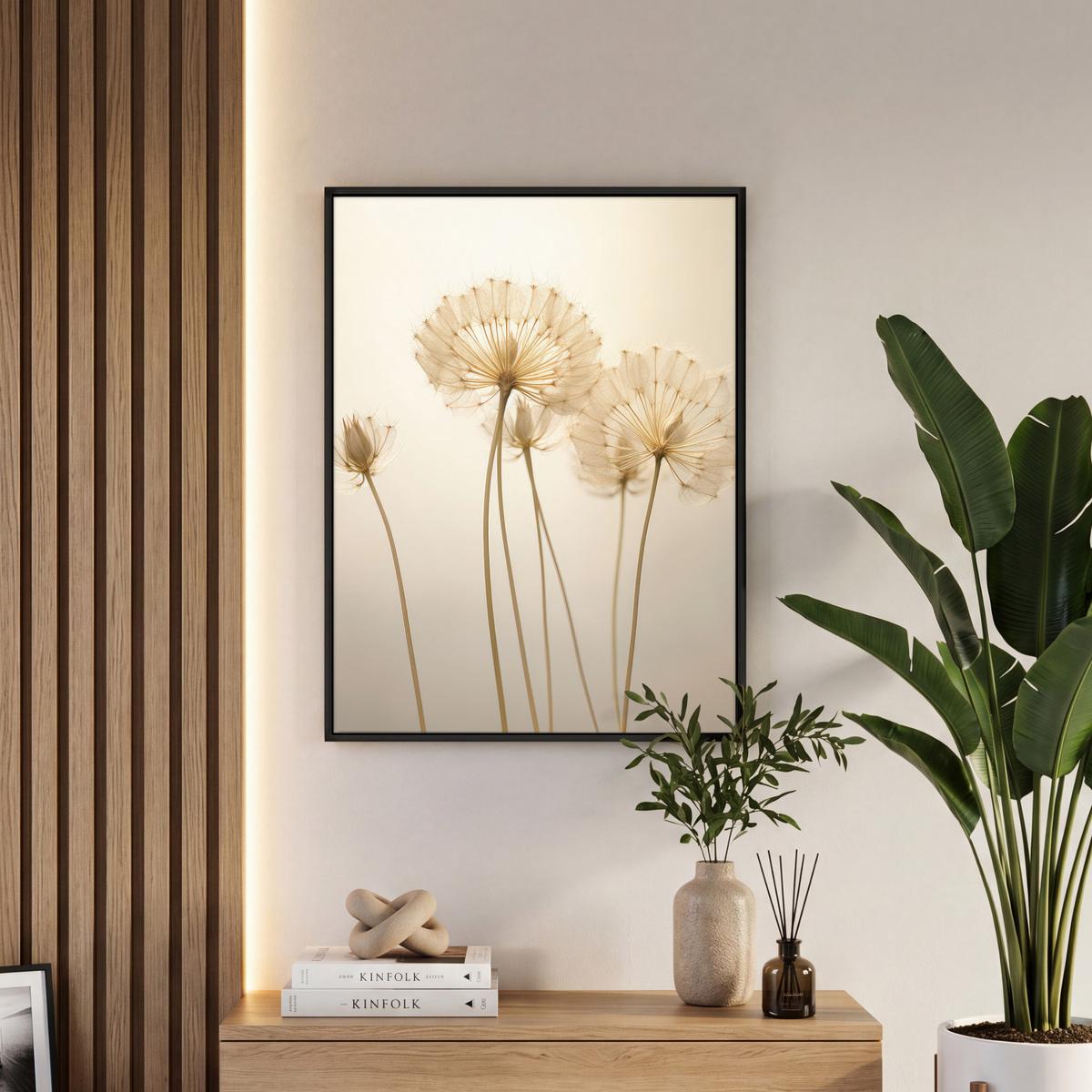 LEINWAND Bilder mit Rahmen - Sonnenlicht - Löwenzahn - Botanisch - Blumen - 50x70 - Creme, Textil (50/70cm) - MuchoWow