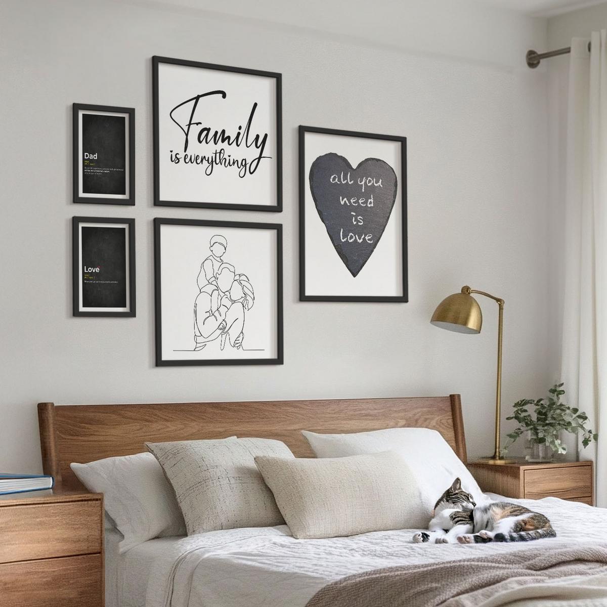BILDER SET 5er Set - 50x50 cm & 20x30 cm & 40x60 cm Schwarzer Rahmen - Definitionen der Liebe in Familienzeichnungen - Schwarz, Kunststoff (40/60cm) - TULUP