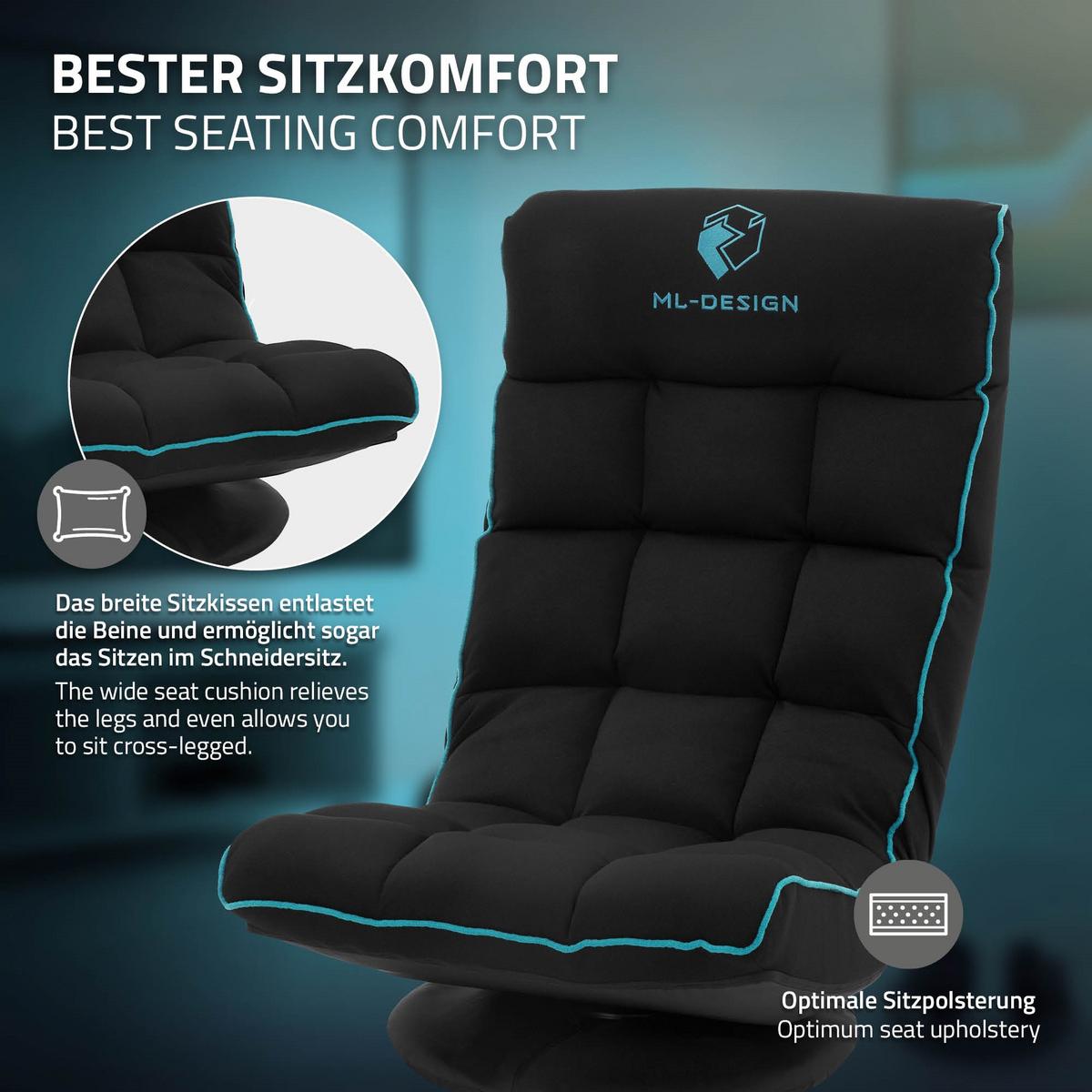 GAMING BODENSTUHL Schwarz-Türkis Stoffbezug 360° drehbar & verstellbar - Türkis/Schwarz, Textil (56/85/92cm) - ML-DESIGN