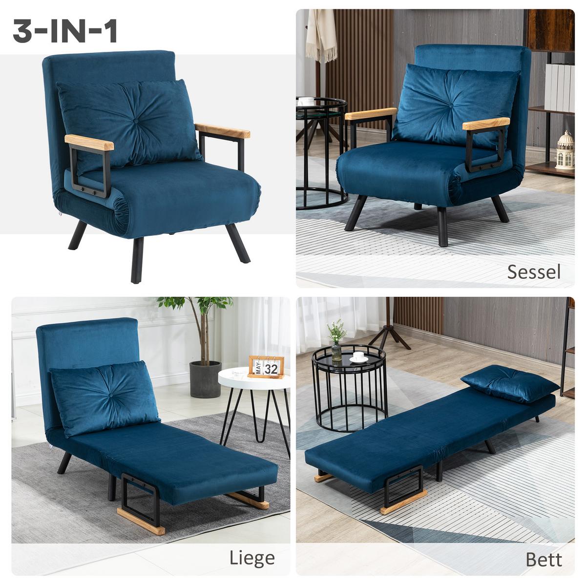 SCHLAFSESSEL, Einzelsofa mit Bettfunktion, Relaxsessel mit Rückenkissen Blau - Blau/Schwarz, Holz/Textil (73/81/63cm) - HOMCOM
