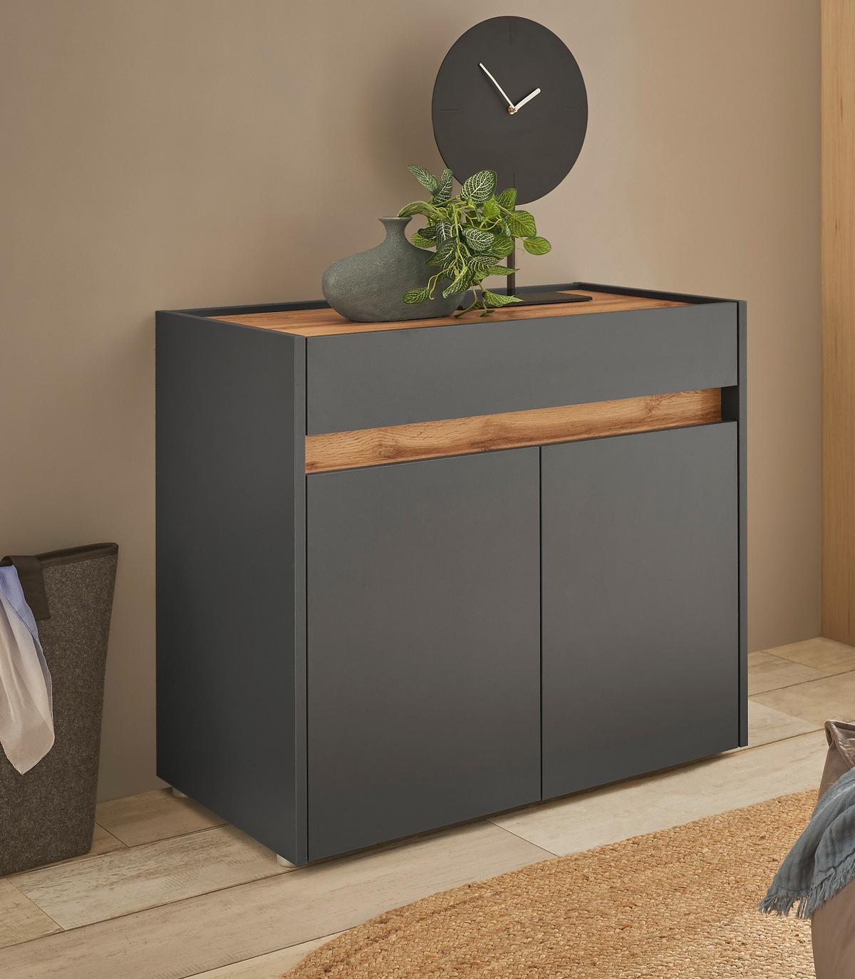 FLURKOMMODE grau matt, Eiche Wotan 80 cm, Schuhschrank mit Schubkästen - Eiche Wotan/Silberfarben, Holzwerkstoff/Kunststoff (80/70/40cm) - Furn.Design