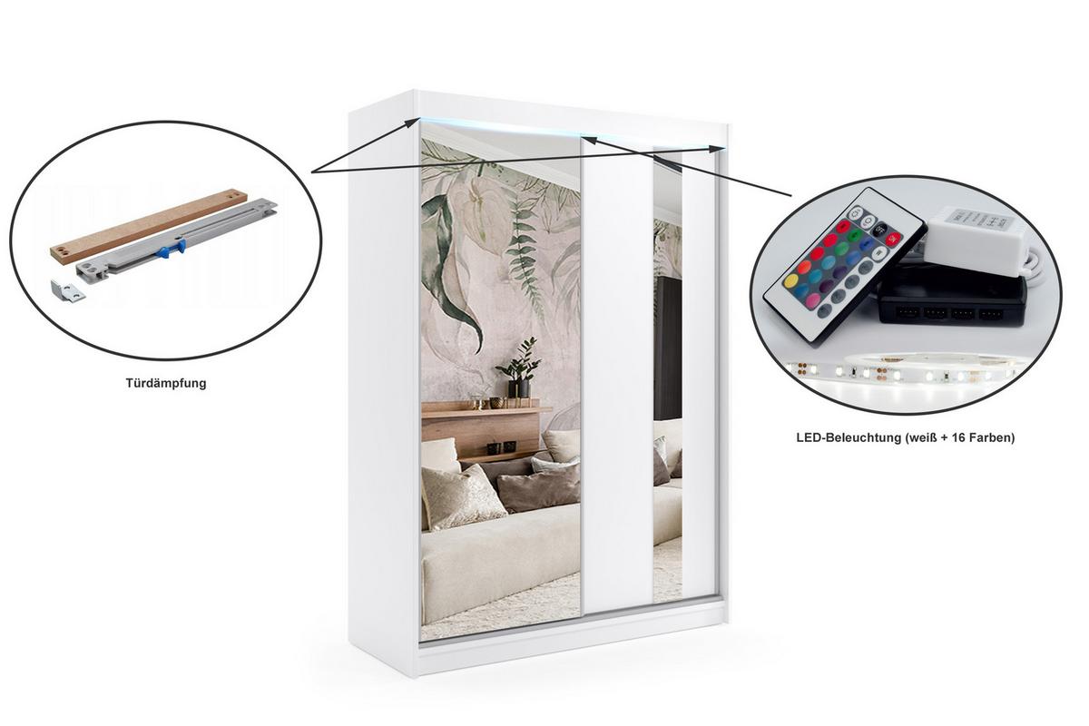 KLEIDERSCHRANK mit Spiegel-Schiebetüren und Aluminium-Leisten, LED-Beleuchtung - GRACE - 120 cm Weiß - Weiß, Holzwerkstoff (120/216/61cm) - ALTDECOR