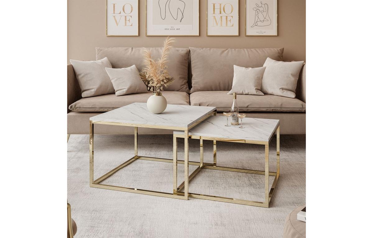 COUCHTISCH YOSHI 2in1 70/70/42 cm Gold chrom / Marmor Levanto - Multicolor, Holzwerkstoff/Metall (70/70/42cm) - Lookway