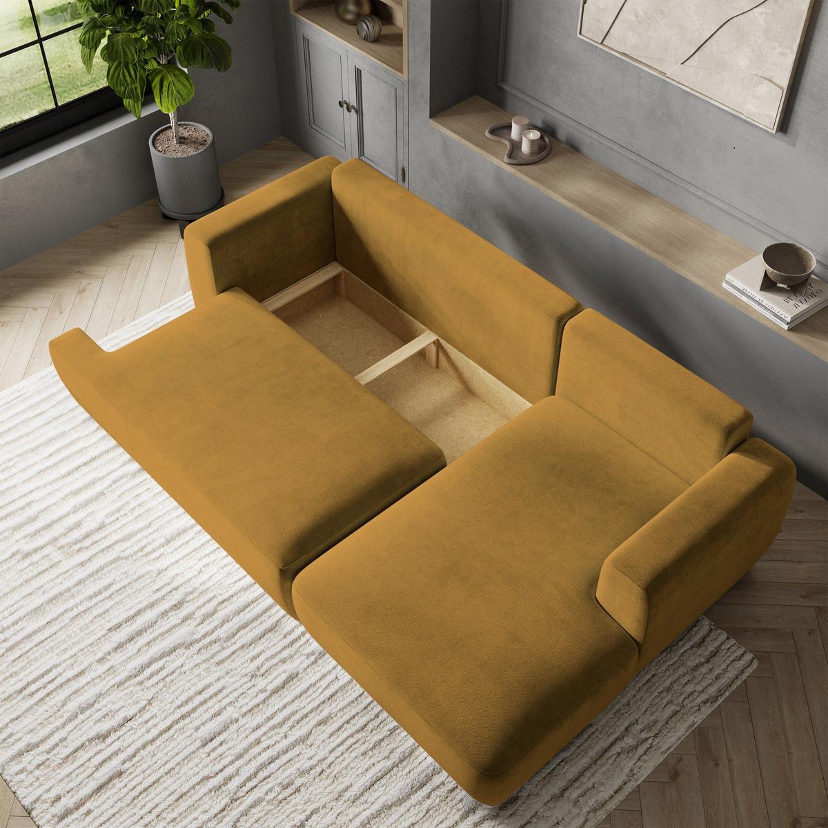 ECKSOFA SENTI K R-S Gelb Plüsch-Stoff mit Schlaffunktion - Gelb/Schwarz, Holz/Kunststoff (246/148cm) - MASSENO