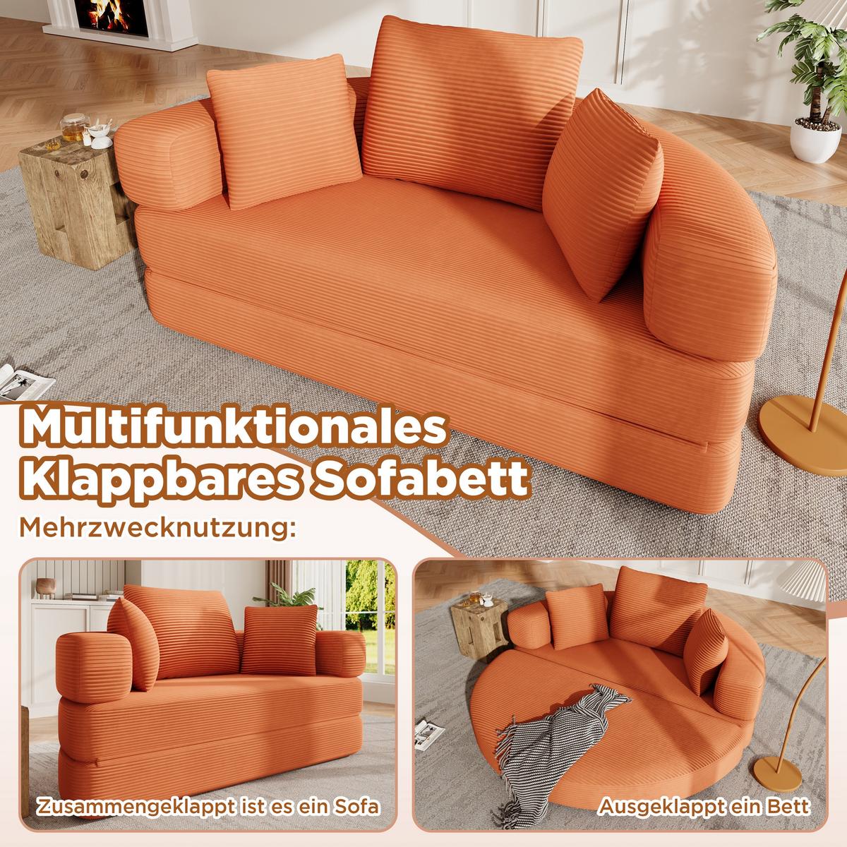 SOFABETT Klappbares Gästebett & Modulares Sofa aus weichem Cord-Stoff - Dunkelorange, Textil (173/40/176cm) - Urban Meuble