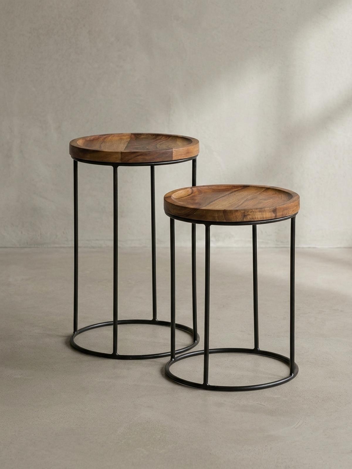 BEISTELLTISCH Set – Massivholz Metall Braun Schwarz 2-teilig Industrial - Schwarz/Braun, Holz/Metall (30/30/54cm) - KADIMA DESIGN