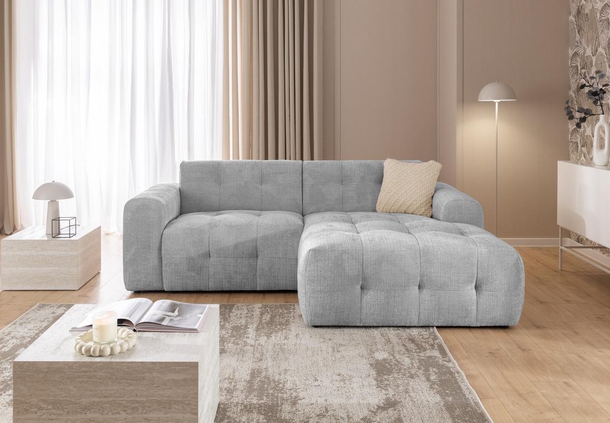 ECKSOFA mit Ottomane rechts, raffinierten Steppungen, Wellenunterfederung, B234/T161/H79 cm, Chenille-Bezug in Hellgrau / 21043 - Hellgrau/Schwarz, Kunststoff/Textil (234/79/161cm) - luma-home