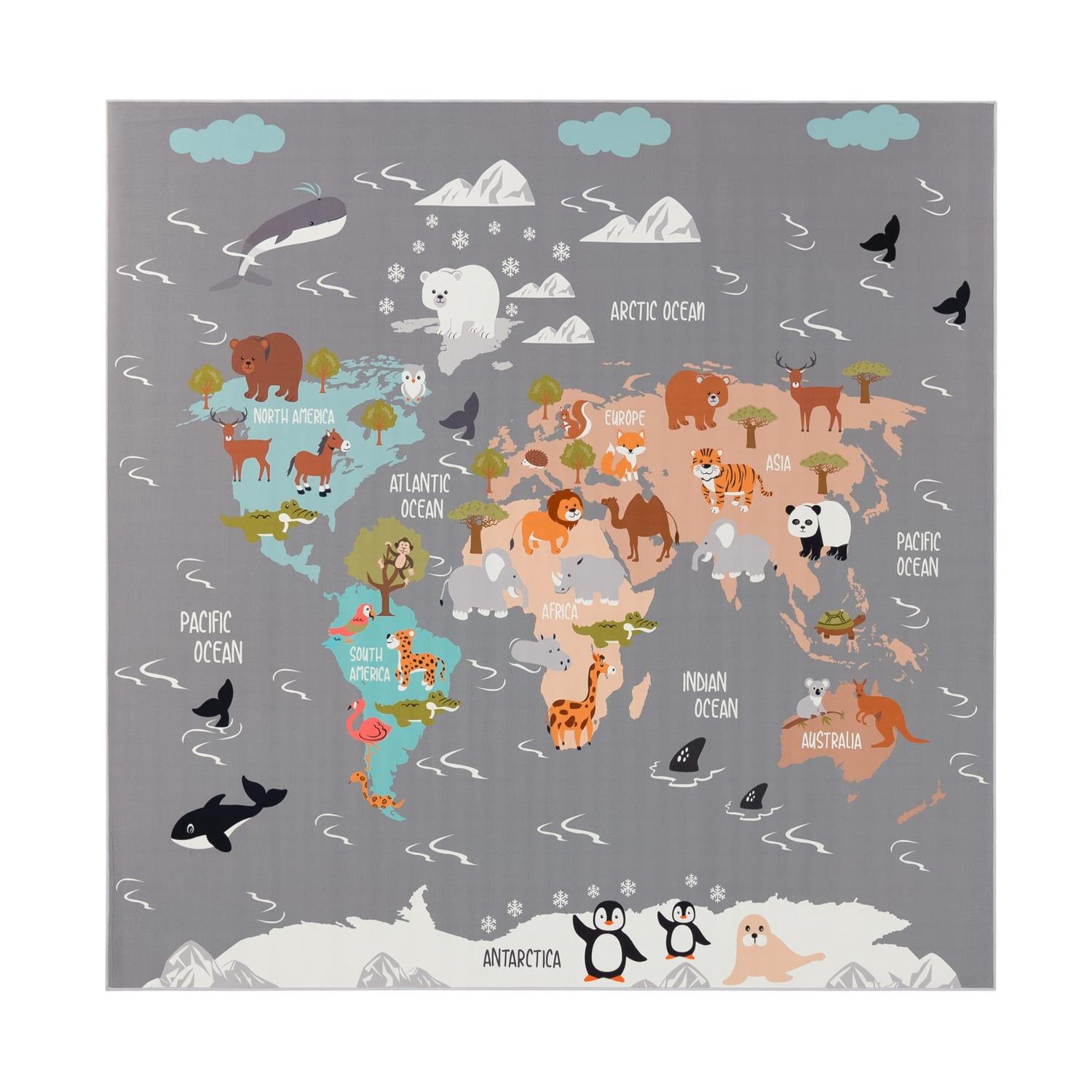 KINDERTEPPICH Waschbar, mit Tier‑Weltkarten‑Muster, Grau, 200 x 200 cm - Grau, Textil (200/200cm) - KADIMA DESIGN