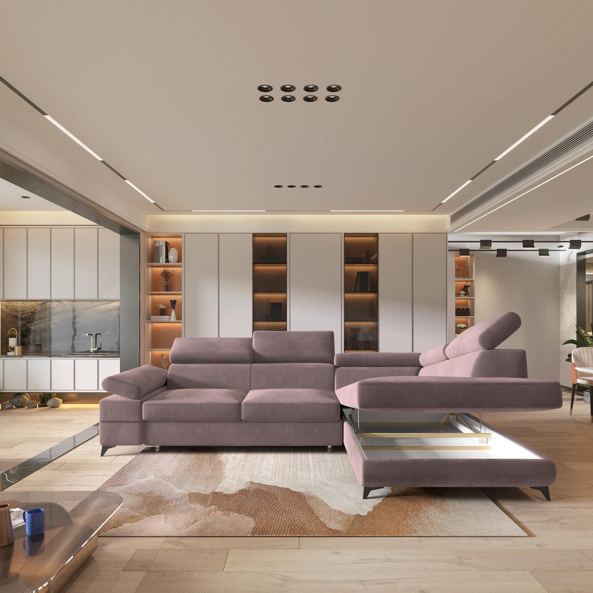 ECKSOFA FAVIEN R-S Lila Velours-Stoff mit Schlaffunktion - Lila, Holz (257/190cm) - MASSENO