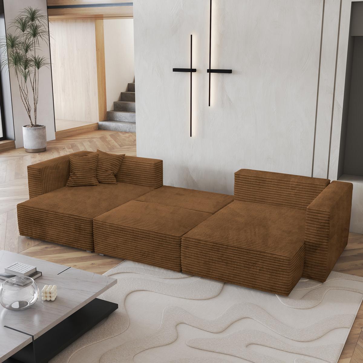 WOHNLANDSCHAFT SARMO Kupferfarben Kordstoff mit Schlaffunktion - Grau/Kupferfarben, Holz/Kunststoff (347/90/148cm) - MASSENO