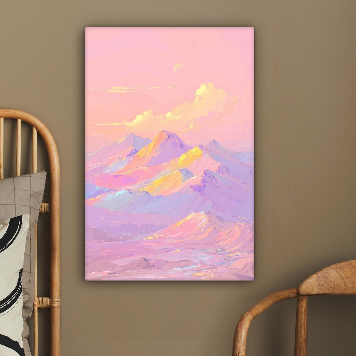 LEINWANDBILD Berggipfel - Wolken - Verträumt Wanddeko Schlafzimmer 60x90 cm - Hellrosa, Textil (60/90cm) - MuchoWow