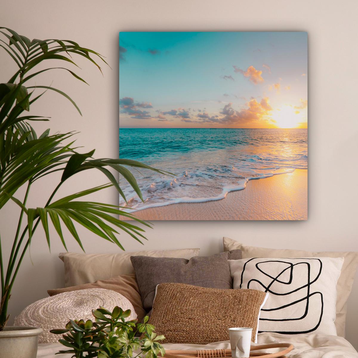 LEINWANDBILD Sonnenuntergang - Strand - Meer - Sommer - Blau Deko Groß 90x90 cm - Multicolor, Textil (90/90cm) - MuchoWow