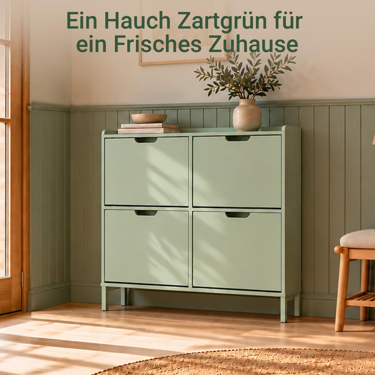 SCHUHSCHRANK grün, 100x91x19 cm, 4 Klappen für 8 Paar, nur 19 cm tief, Ablagefläche oben, für schmale Flure & hinter der Tür - Grün, Holzwerkstoff/Metall (100/91/19cm) - SoBuy